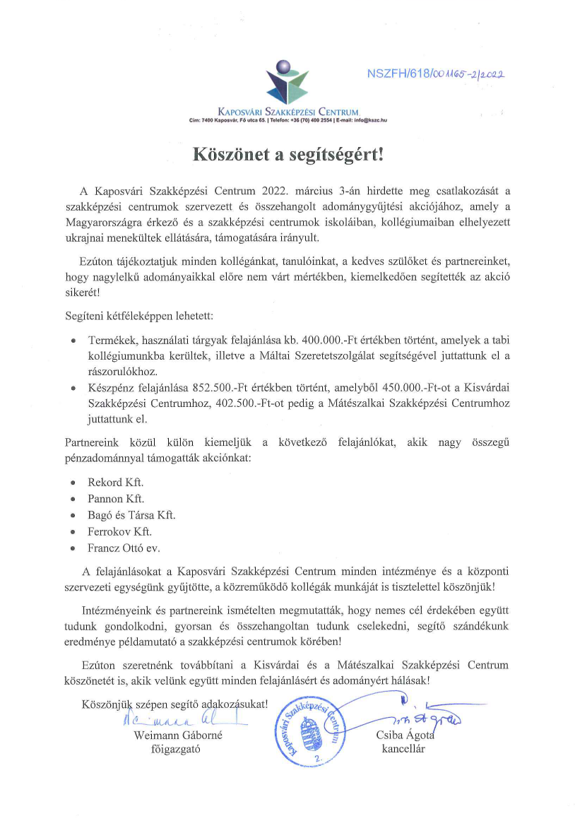 Koszonet a segitsegert